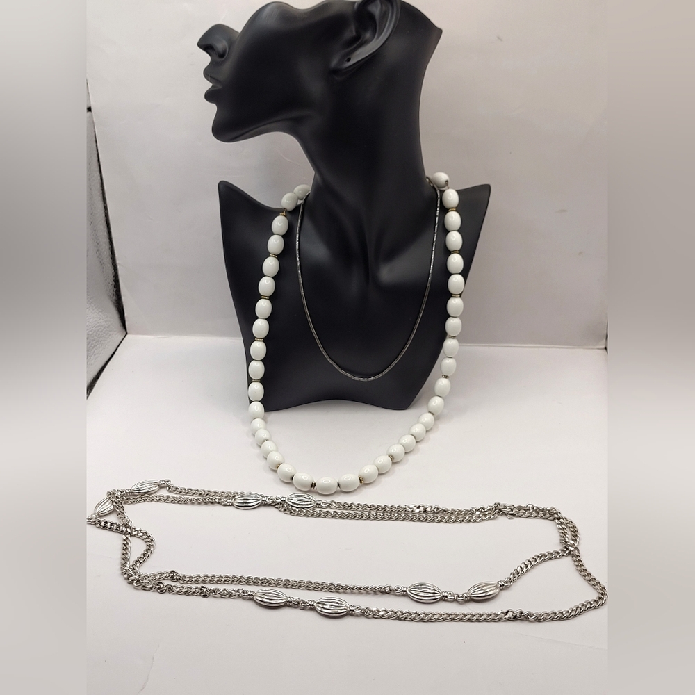 Vintage Monet Necklace Lot – 3 Pieces – Silver Chain & White Beads – Made in USA